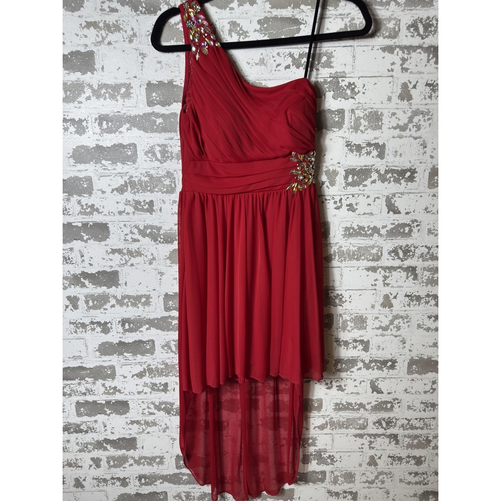 City Triangles Dress Juniors 7 Red One Shoulder‎ High Low Beaded Prom Formal